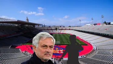 Jose Mourinho smiles as the coach of AS Roma earlier in the season; background of FC Barcelona's stadium during the day.