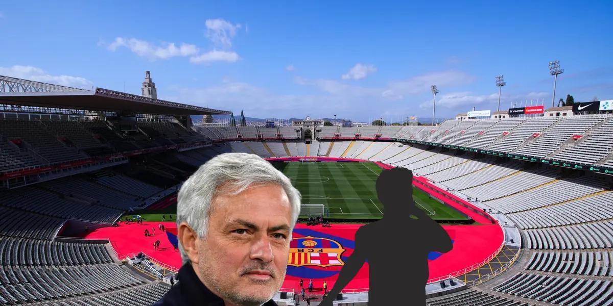 Jose Mourinho smiles as the coach of AS Roma earlier in the season; background of FC Barcelona's stadium during the day.