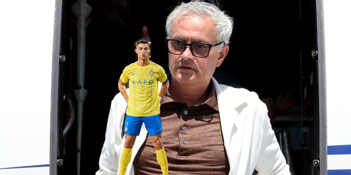 Jose Mourinho walking off the plane and Cristiano Ronaldo has a stance while wearing the Al Nassr jersey.