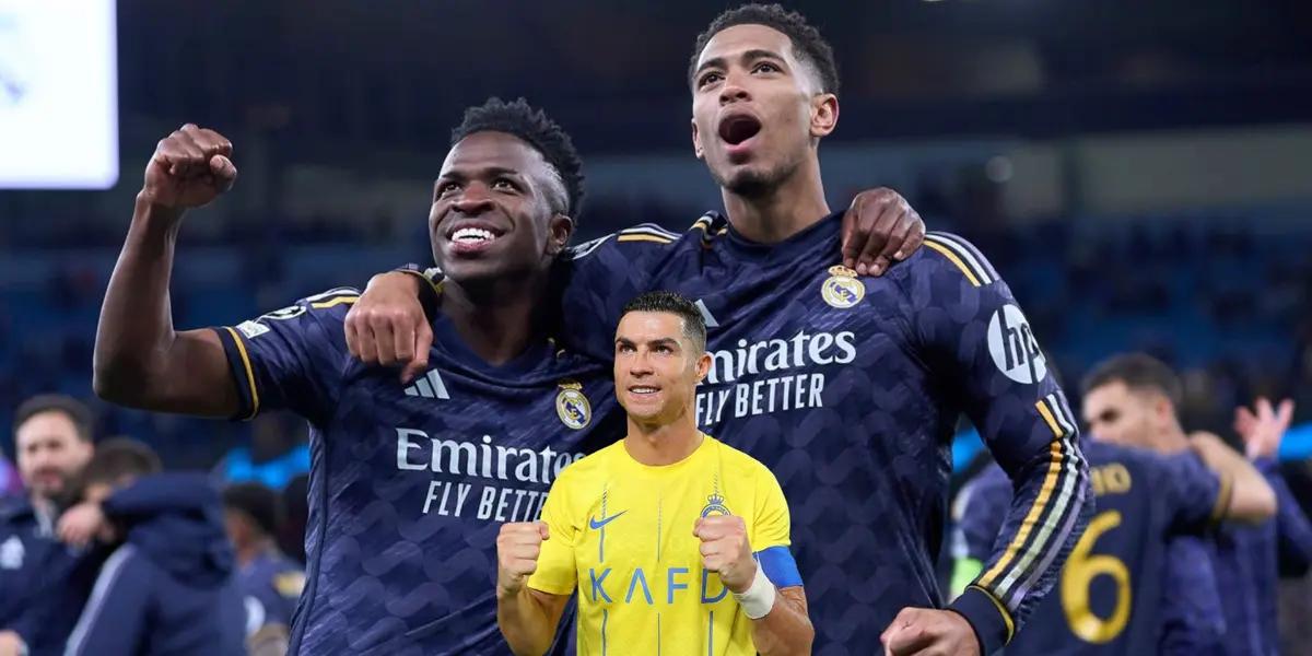 Jude Bellingham and Vinicius Jr celebrate the Real Madrid win over Man City and Ronaldo celebrates wearing an Al Nassr shirt.