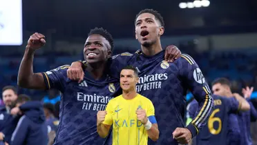 Jude Bellingham and Vinicius Jr celebrate the Real Madrid win over Man City and Ronaldo celebrates wearing an Al Nassr shirt.