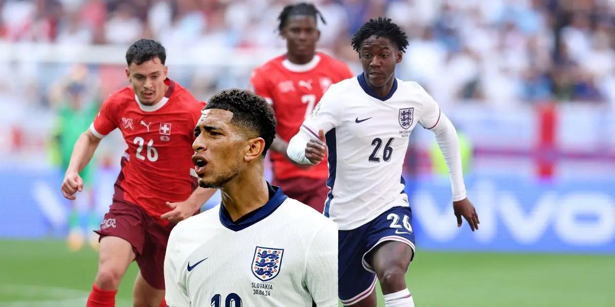 Jude Bellingham is angry as he wears the England jersey while Kobbie Mainoo runs for the ball in an England jersey. (Source: Statman Dave X)