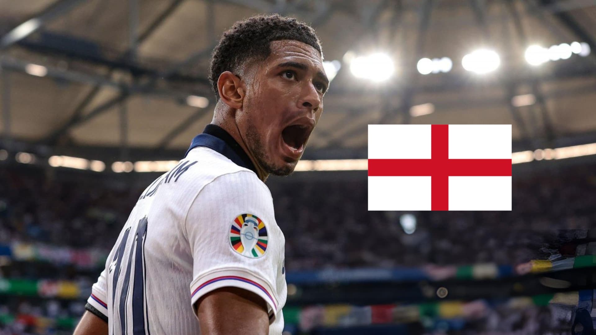 Jude Bellingham shouts with joy as he wears the England jersey and the England flag is next to him. (Source: Madrid Xtra X)