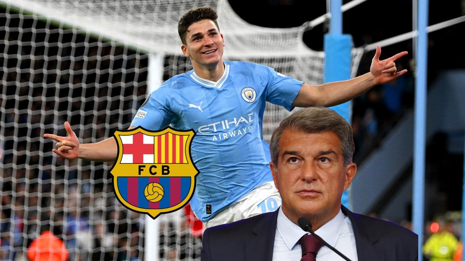 Julian Alvarez does his trademark celebration while Joan Laporta looks up and next to him is the FC Barcelona badge. (Source: Getty Images)