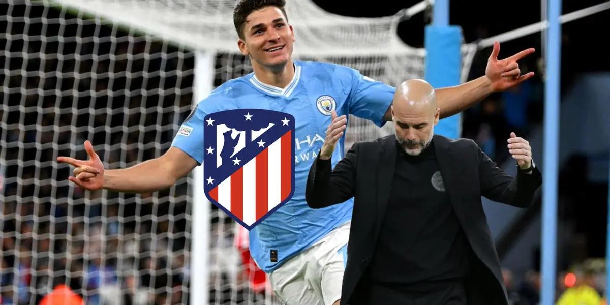 Julian Alvarez does his trademark celebration while Pep Guardiola looks disappointed; the Atletico Madrid badge is next to them.