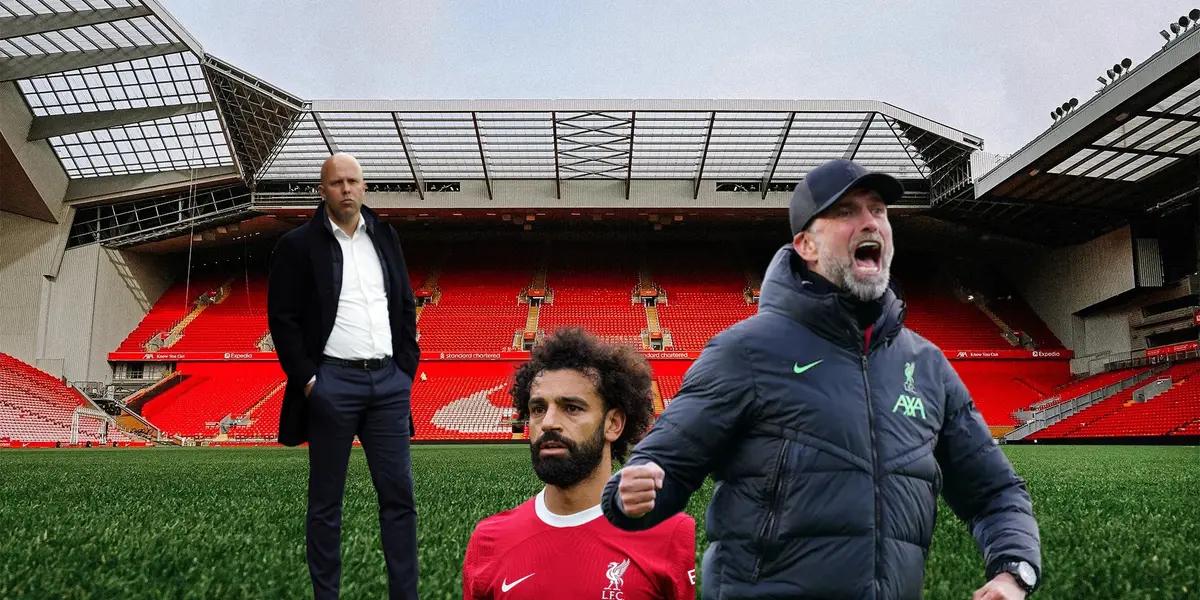 Jurgen Klopp, Mohamed Salah, and Arne Slot with the background of Anfield.