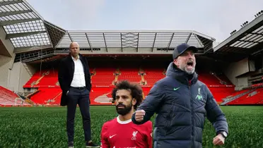 Jurgen Klopp, Mohamed Salah, and Arne Slot with the background of Anfield.