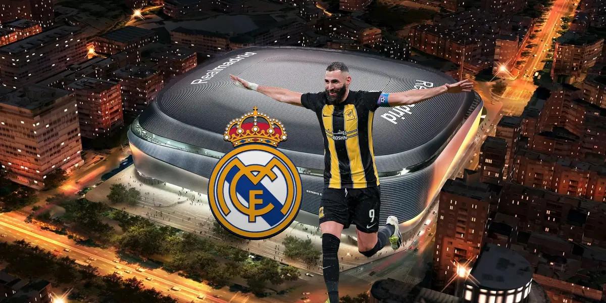 Karim Benzema celebrates his goal with Al Ittihad with the background of the renovated Santiago Bernabeu.