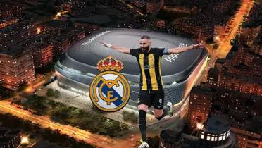 Karim Benzema celebrates his goal with Al Ittihad with the background of the renovated Santiago Bernabeu.