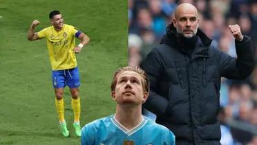 Kevin De Bruyne looks up while Cristiano Ronaldo is happy wearing an Al Nassr jersey and Pep Guardiola looks concerned pointing behind him.