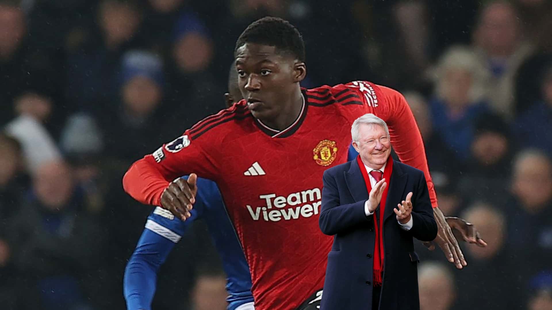 Kobbie Mainoo runs as he wears the Manchester United jersey while Sir Alex Ferguson smiles and claps. (Source: AP, BR Football X)