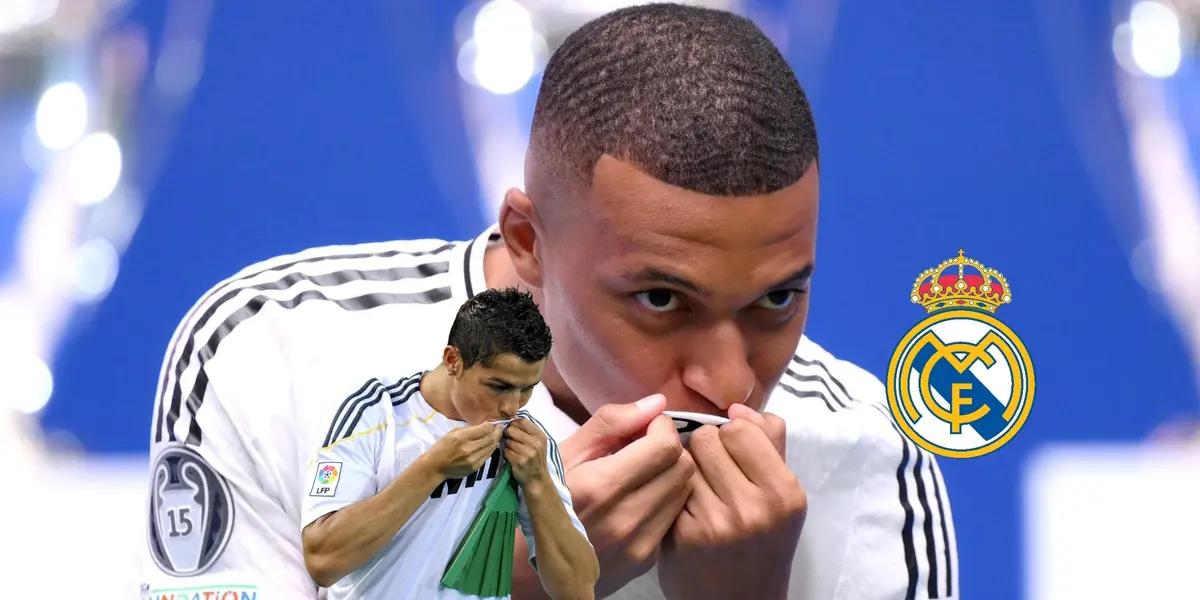 Kylian Mbappé and Cristiano Ronaldo kiss the Real Madrid badge on their jerseys while the logo is next to him. (Source: Fabrizio Romano X)