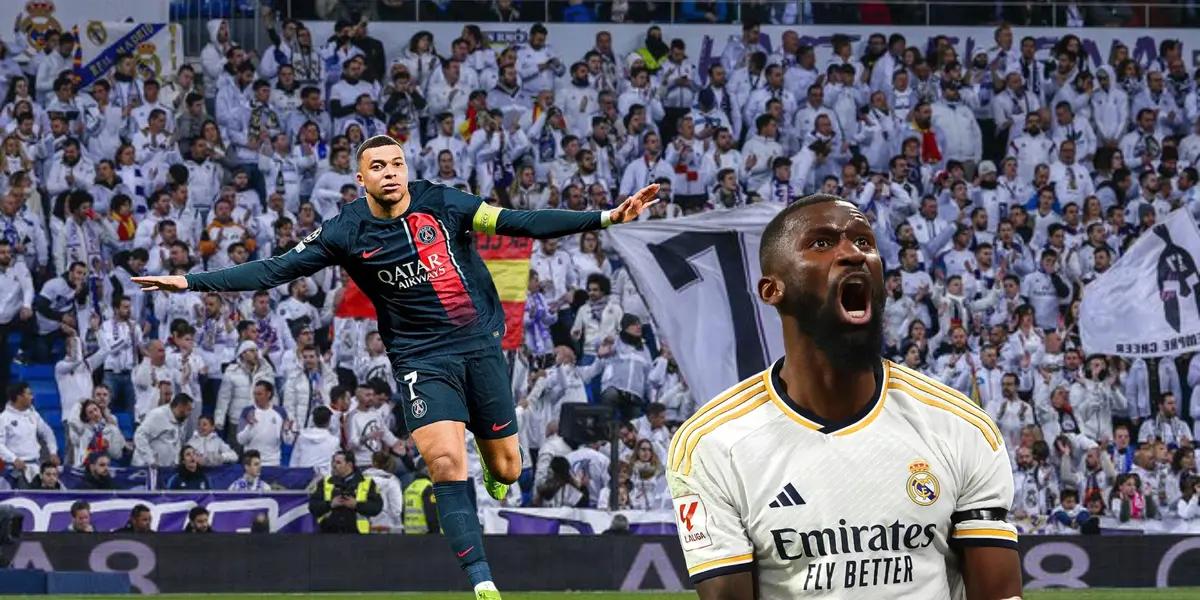 Kylian Mbappé celebrates a PSG goal while Rudiger celebrates a Real Madrid goal.