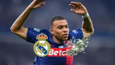 Kylian Mbappé celebrates a PSG goal with his arms up in the air; below him is the Real Madrid logo and flying bills.