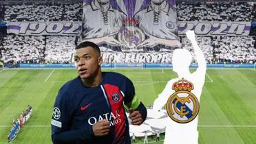 Kylian Mbappé concentrated wearing a PSG jersey with a Champions League badge on the sleeve.