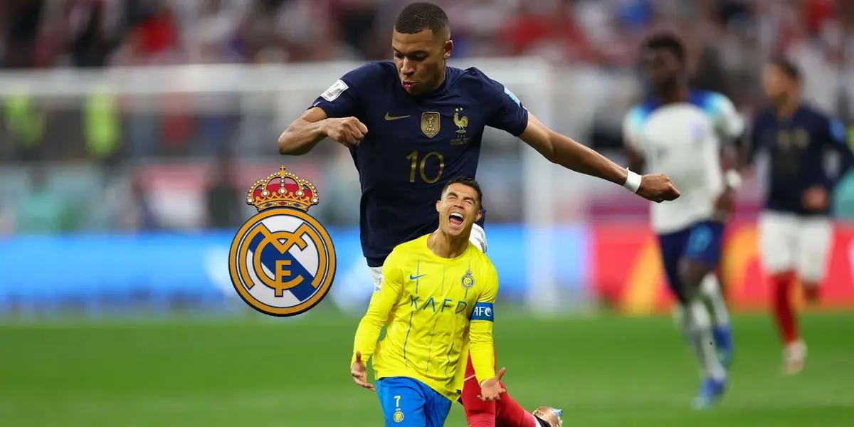 Kylian Mbappé dribbling the ball in the 2022 World Cup with France while Cristiano Ronaldo screams.