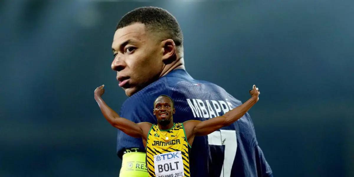 Kylian Mbappé looks back in a PSG game while Usain Bolt celebrates a win.