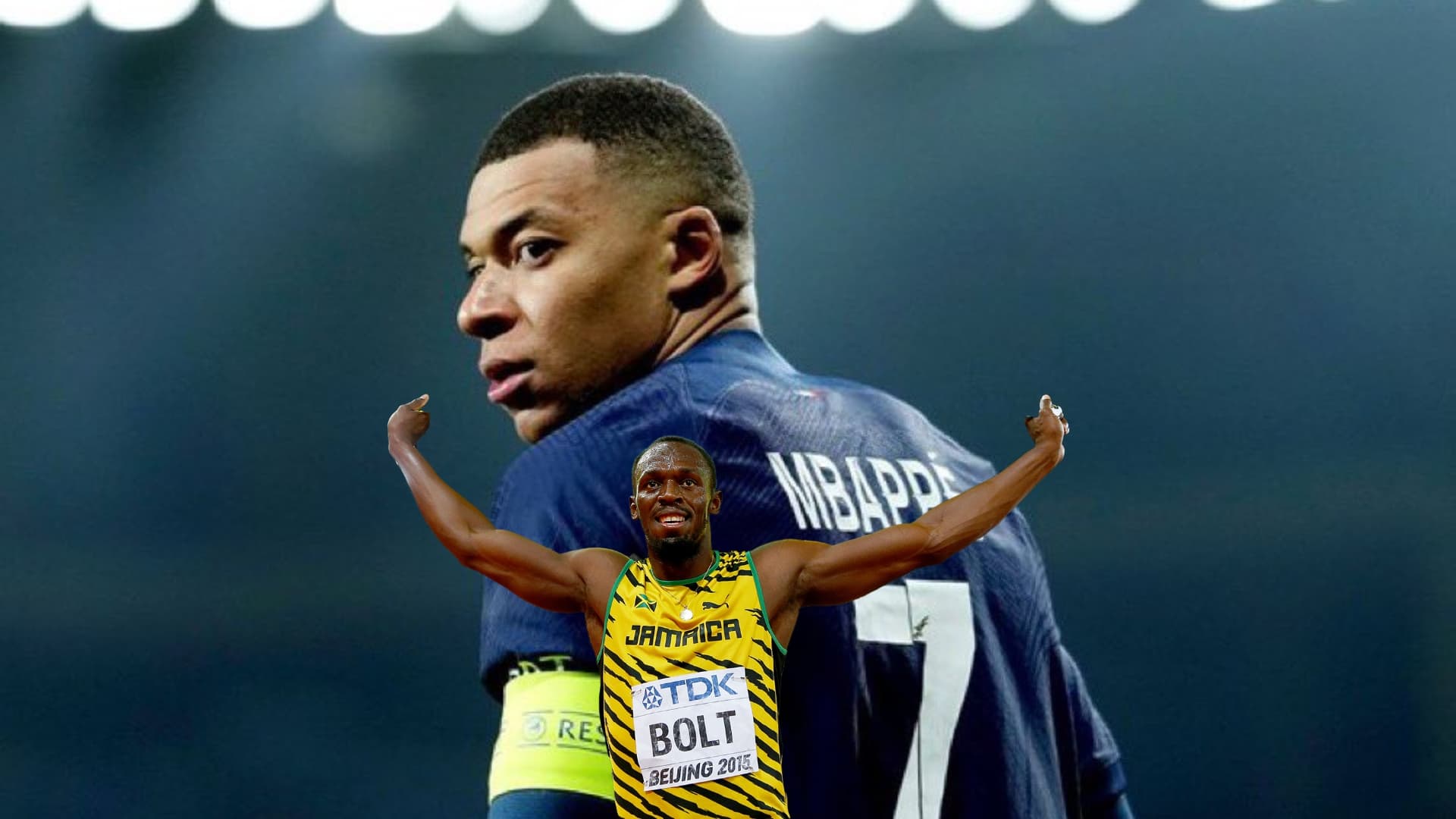 Kylian Mbappé looks back in a PSG game while Usain Bolt celebrates a win.