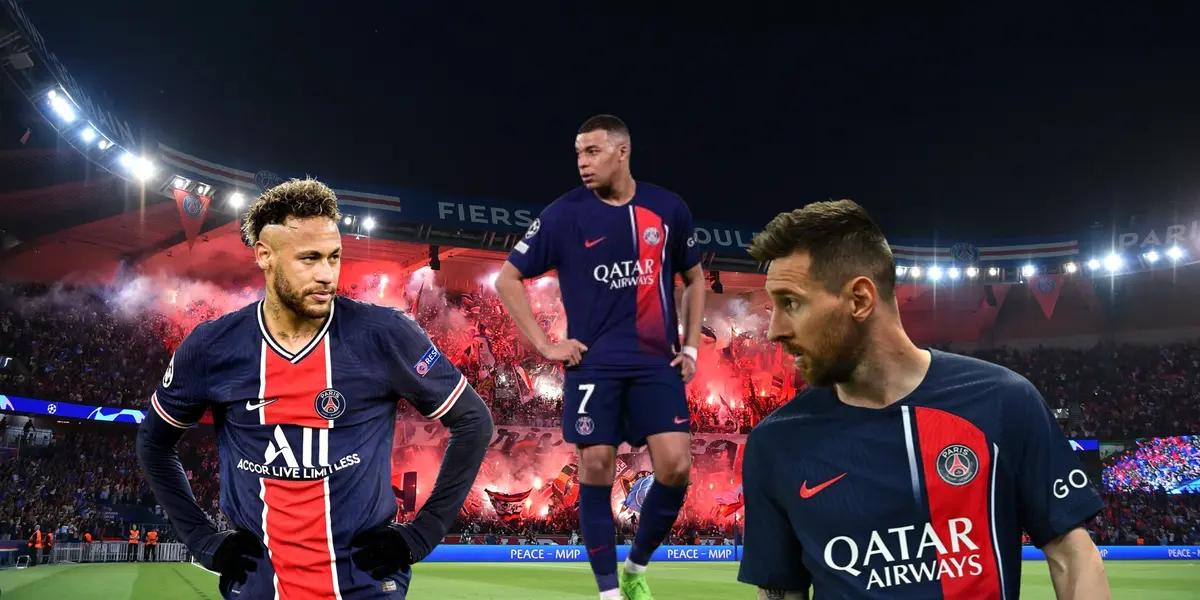 Kylian Mbappé looks concerned while wearing a PSG jersey in a Champions League match; Neymar and Lionel Messi also look concerned wearing the PSG shirt.