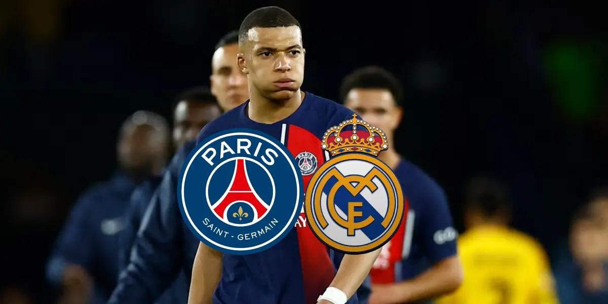 Kylian Mbappé looks tired while wearing the PSG jersey; the PSG and Real Madrid badges are below him.