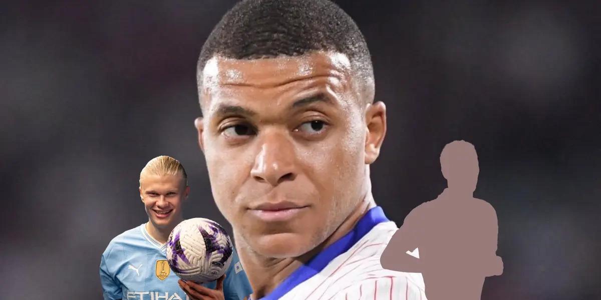 Kylian Mbappé looks to the side while Erling Haaland smiles with a ball in his hand and a mystery player is next to him. (Source: KM10 Zone X, Erling Haaland X)