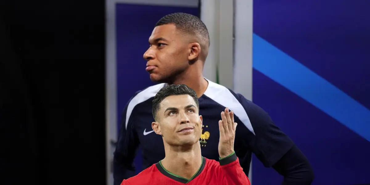 Kylian Mbappé looks to to the side as he has the France traning kit while Cristiano Ronaldo looks up with his hand up as well. (Source: GOATTWORLD X, KM10 Zone X)