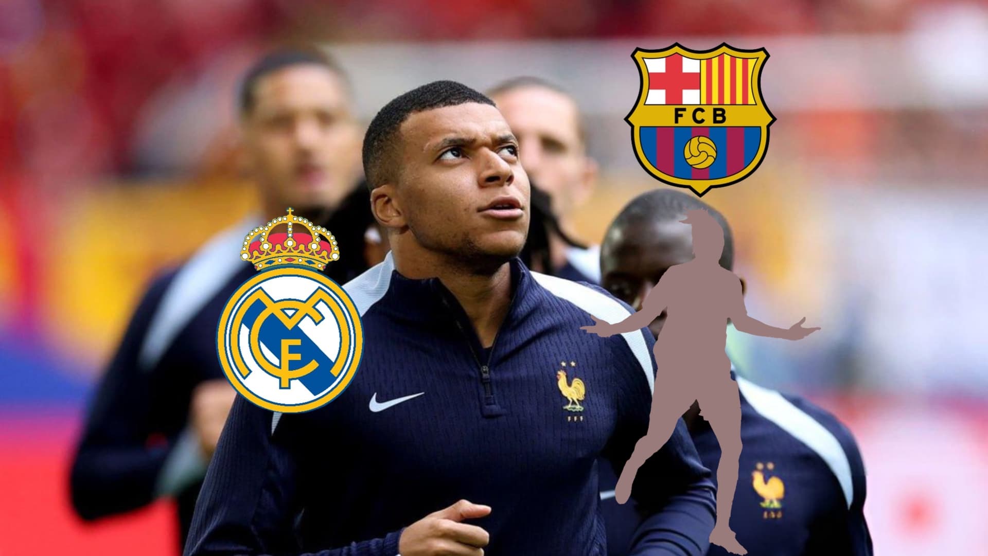 Kylian Mbappé looks up as he warms up with France and the Real Madrid badge is next to him; the FC Barcelona badge is on top of the mystery player. (Source: KM 10 Zone X)