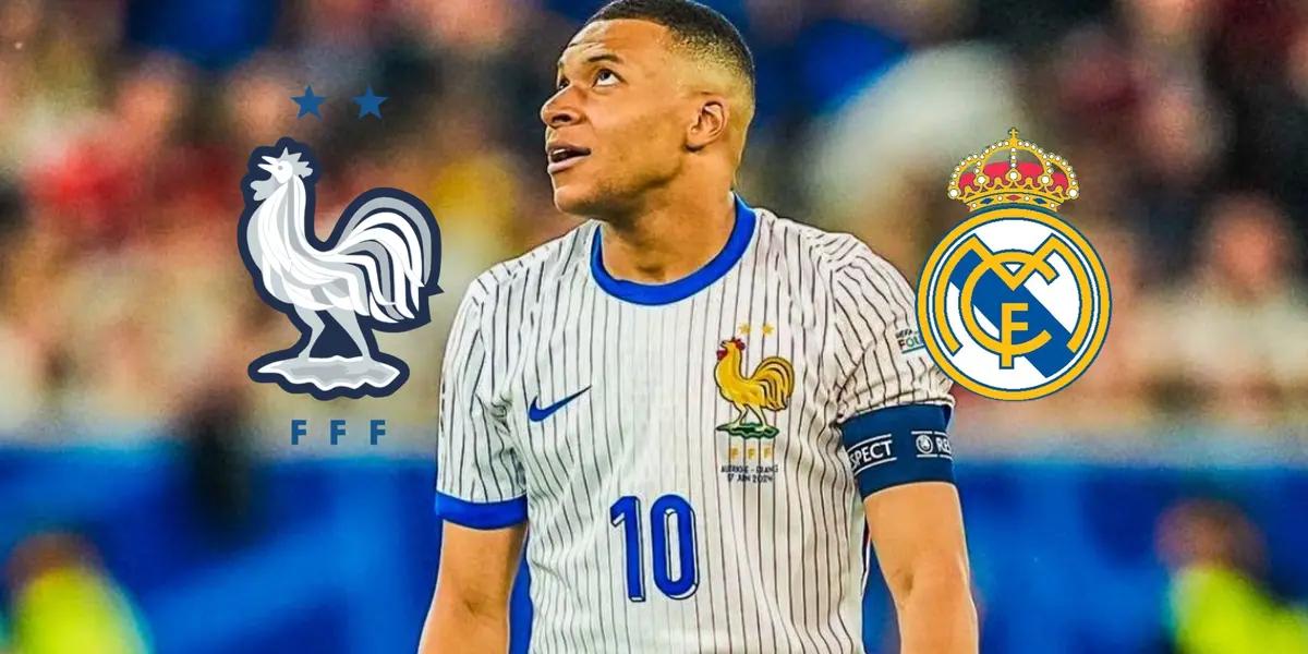 Kylian Mbappé looks up while he wears the France jersey; the France national team and Real Madrid badge is next to him. (Source: Madrid Zone X)