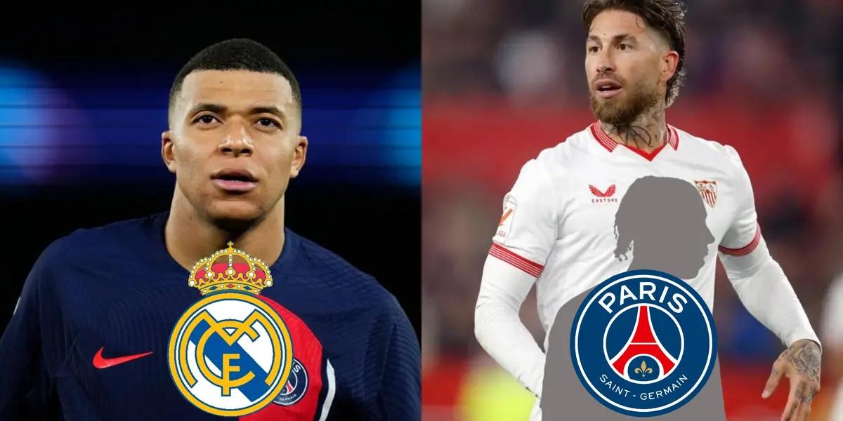 Kylian Mbappé looks up with a PSG jersey on and a Real Madrid badge below him. Sergio Ramos wears a Sevilla jersey on and has a mystery player below him with a PSG badge.