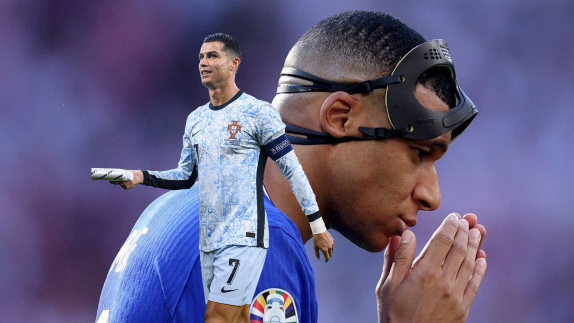 Kylian Mbappé looks worried as he removed his mask while Cristiano Ronaldo smiles while wearing the away Portugal jersey. (Source: GOATTWORLD X, KM 10 Zone X)