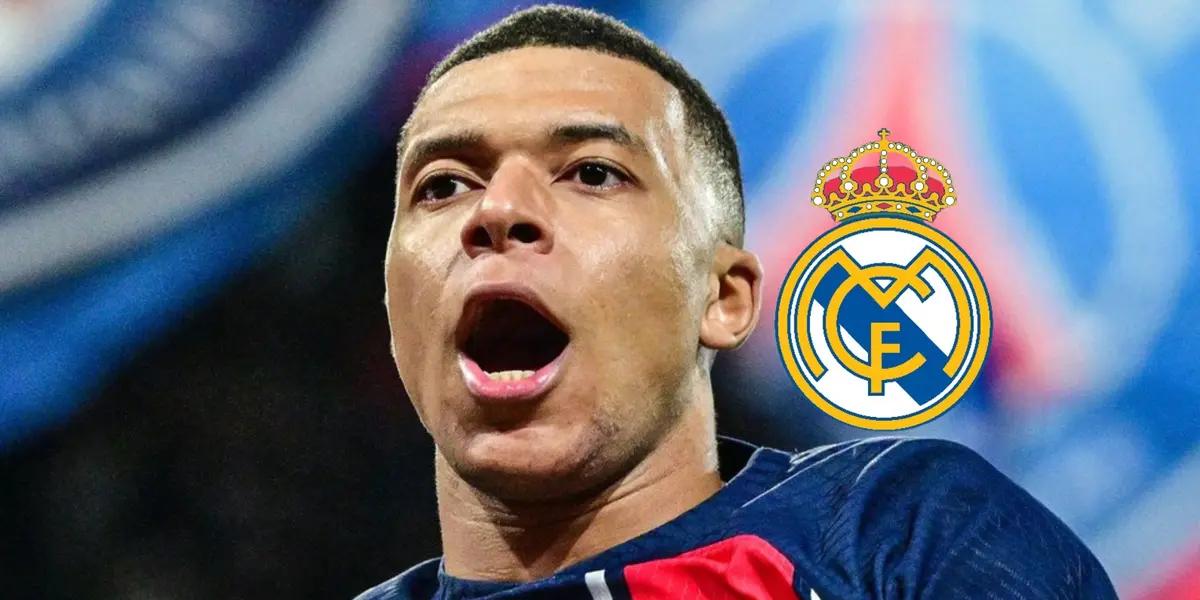 Kylian Mbappé opens his mouth while wearing a PSG kit and a Real Madrid logo is next to him.