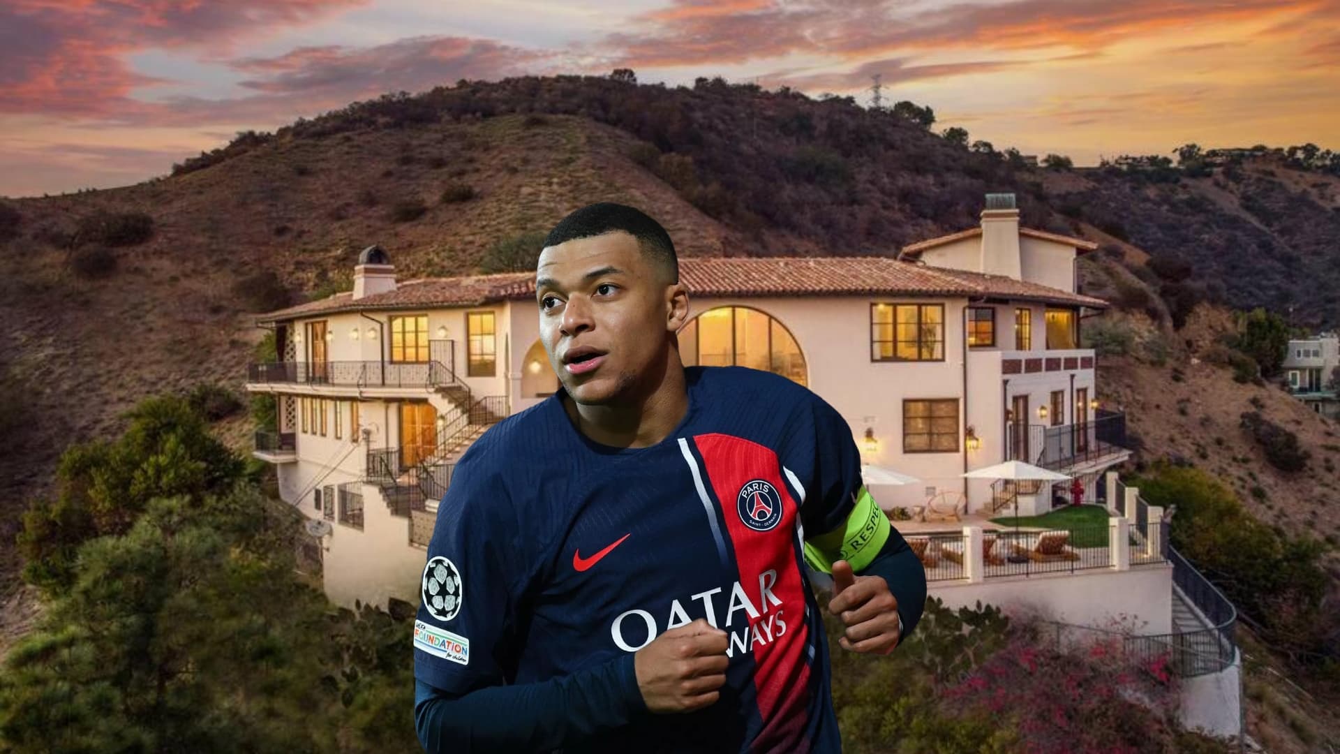 Kylian Mbappé playing football with a PSG jersey in the Champions League.
