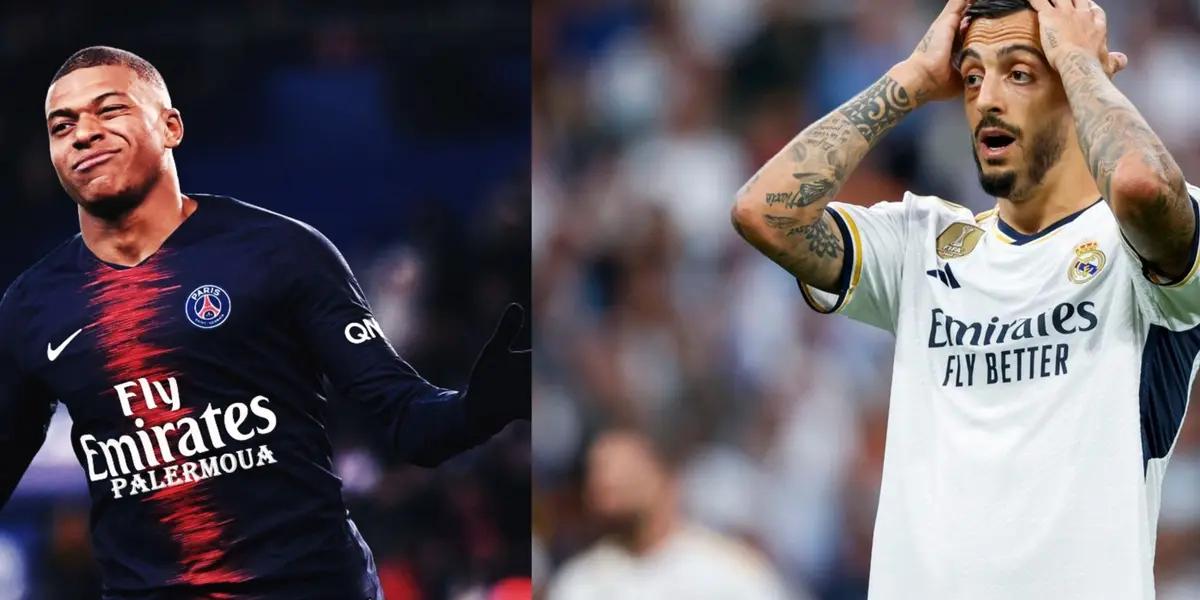 Kylian Mbappe playing for PSG and Joselu with Real Madrid jersey.