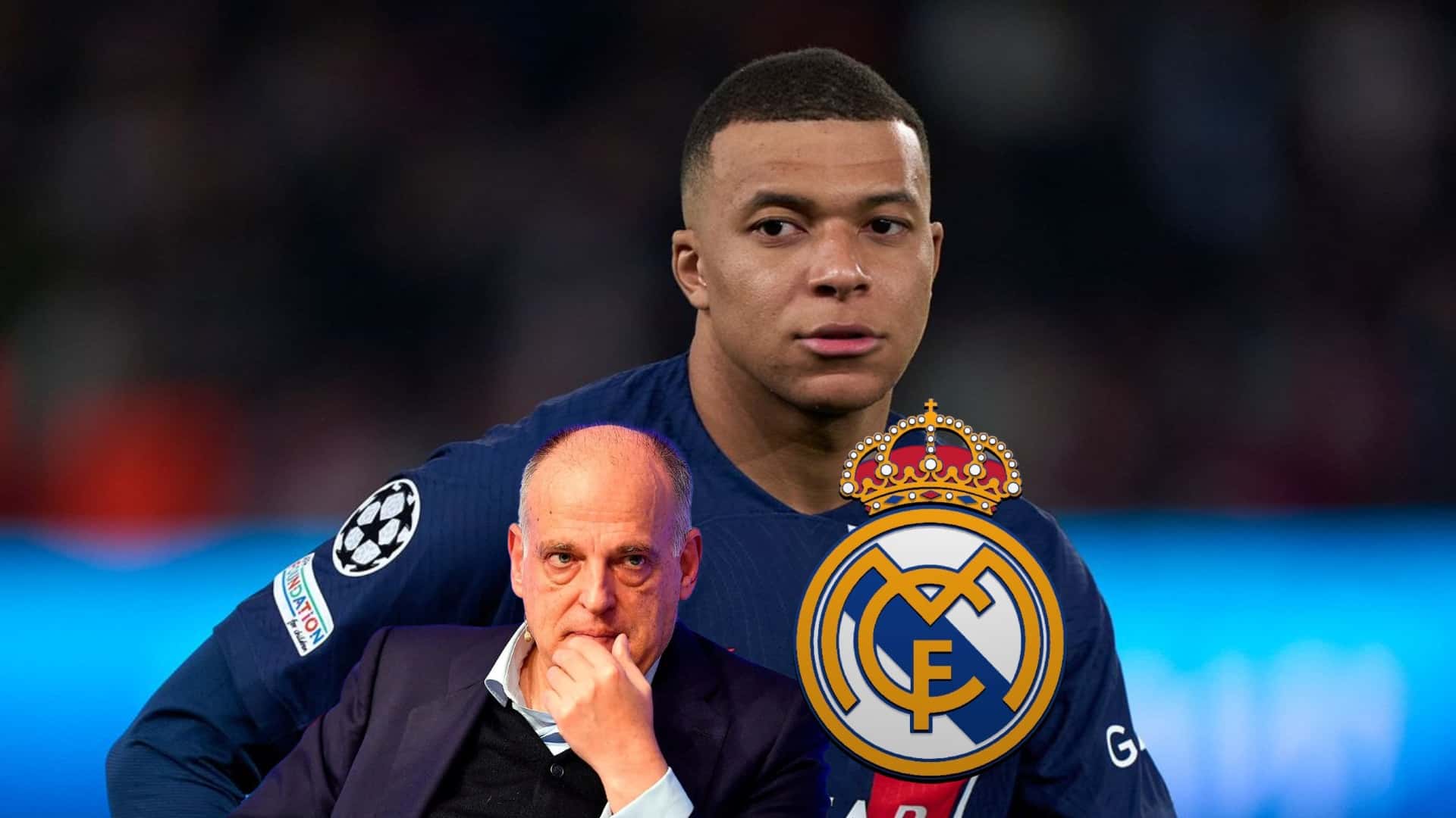 Kylian Mbappé serious playing for PSG while La Liga president Javier Tebas is thinking.