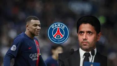 Kylian Mbappé slightly smiles with a PSG logo next to him and Nasser Al-Kelaifi looks serious.