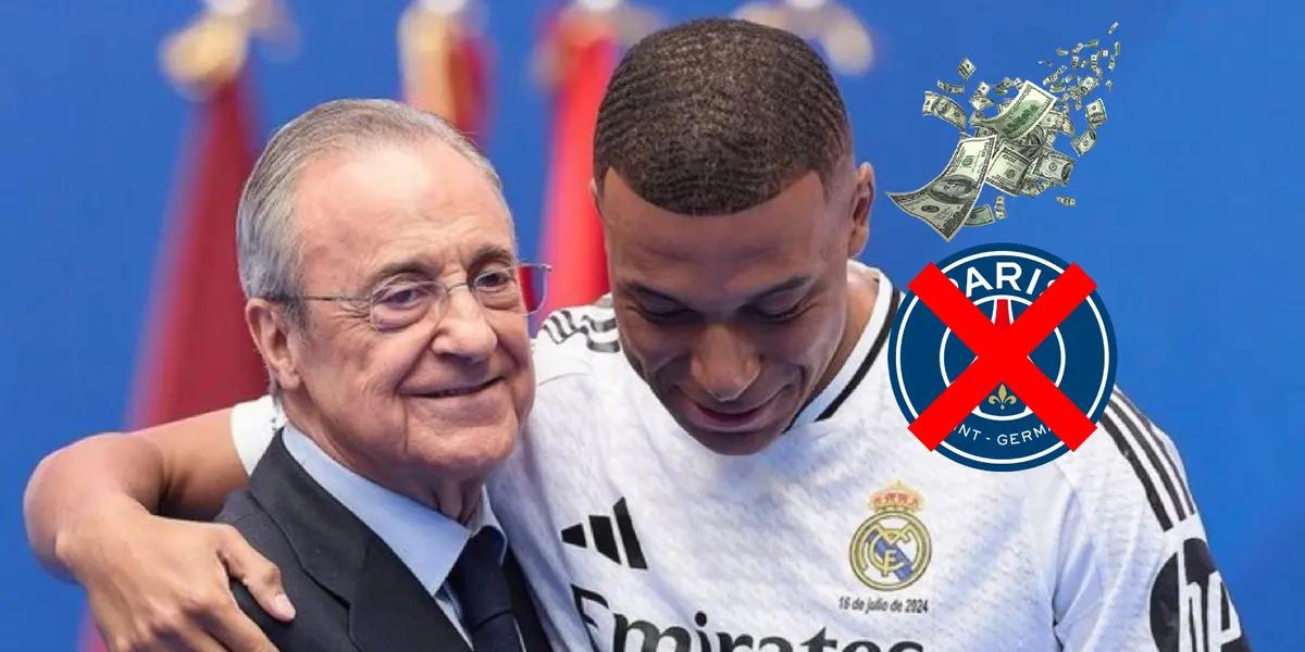 Kylian Mbappé smiles and hugs Florentino Perez as the PSG badge is crossed out and money is on top of it. (Source: KM10 Zone X)