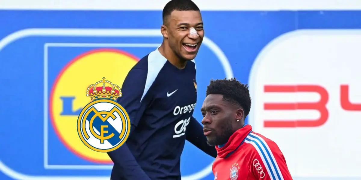 Kylian Mbappé smiles during training while Alphonso Davies looks focused; the Real Madrid badge is next to him. (Source: Madrid Zone X)