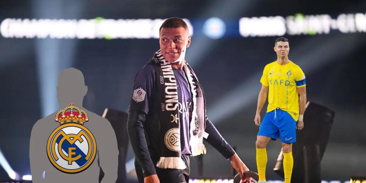 Kylian Mbappé smiles while wearing a scarf and the PSG jersey; Cristiano Ronaldo looks annoyed wearing an Al Nassr jersey and a mystery person as a Real Madrid badge on him.