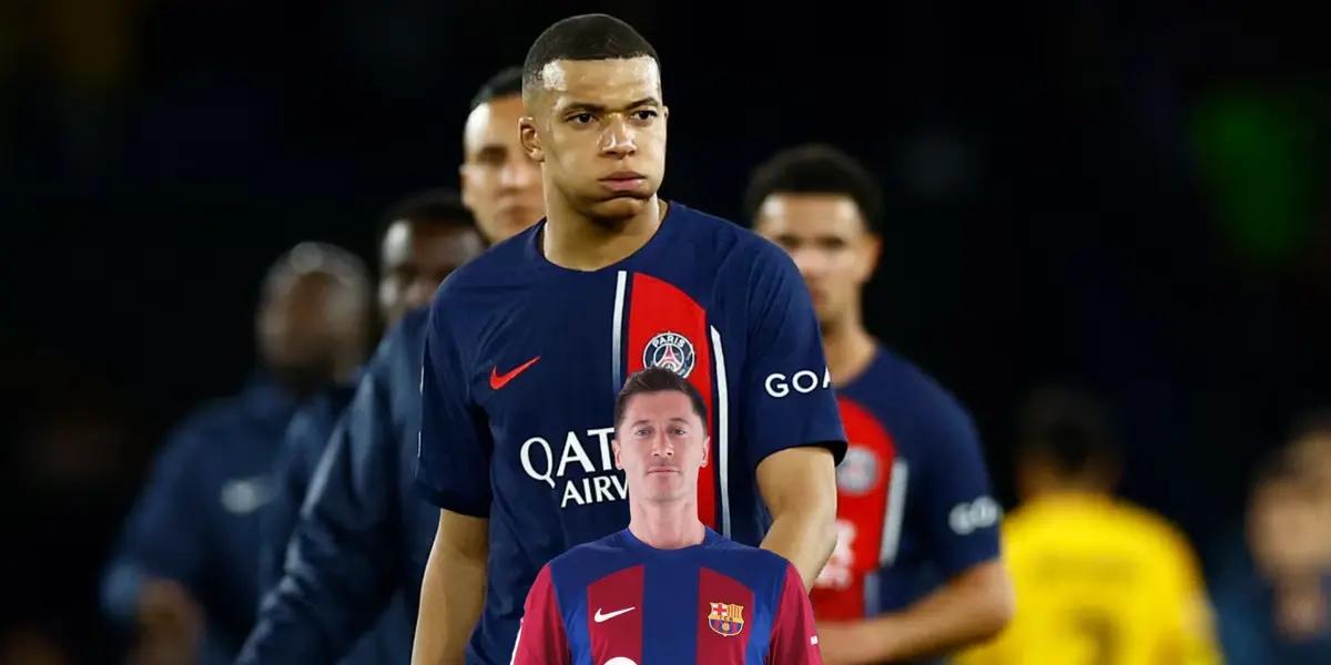 Kylian Mbappé tired after a PSG match and Robert Lewandowski poses for a picture.