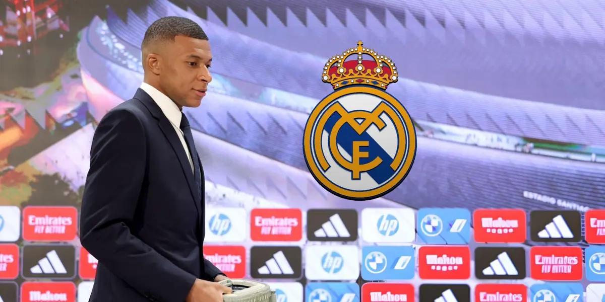 Kylian Mbappé walks with a suit to the press conference with the Real Madrid badge next to him. (Source: KM10 Zone X)