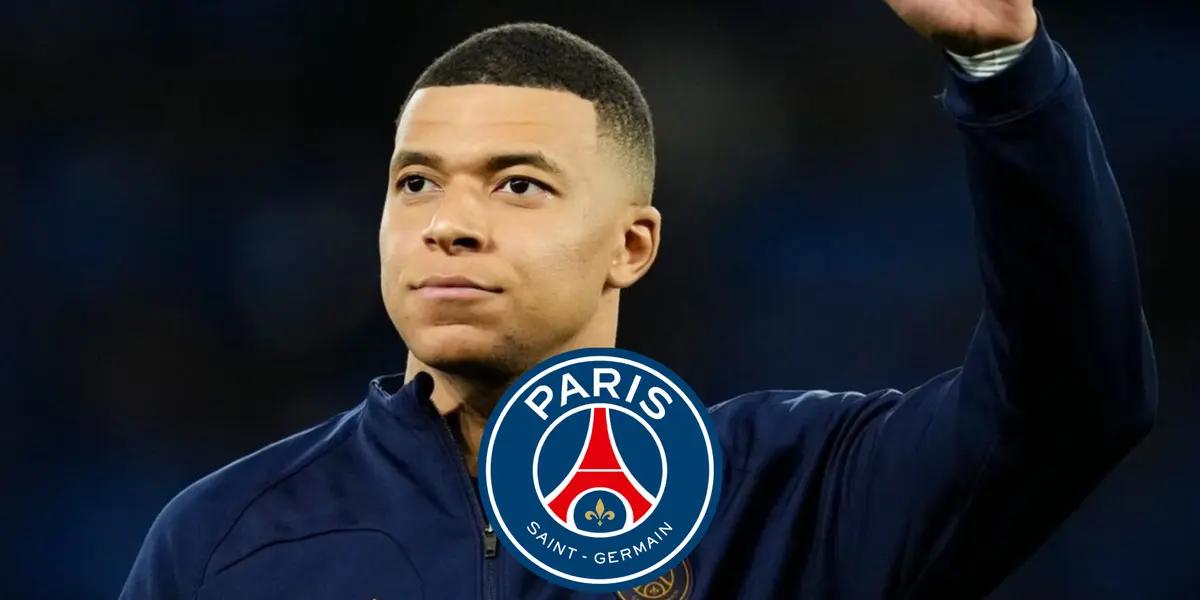 Kylian Mbappé waves to the PSG fans at the Parc des Princes.