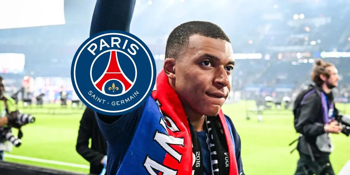 Kylian Mbappé wears a PSG scarf on while he looks at the crowd and the PSG badge is next to him.