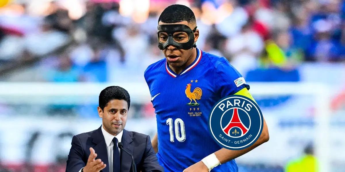 Kylian Mbappé wears the black mask and the French jersey as Nasser Al Khelaifi smiles and speaks and the PSG badge is next to him. (Source: AFP, EURO 2024)