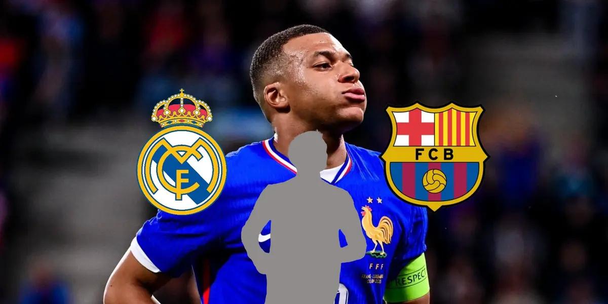 Kylian Mbappé wears the French national team jersey while a mystery player is below him. The Real Madrid and FC Barcelona crests are next to them.