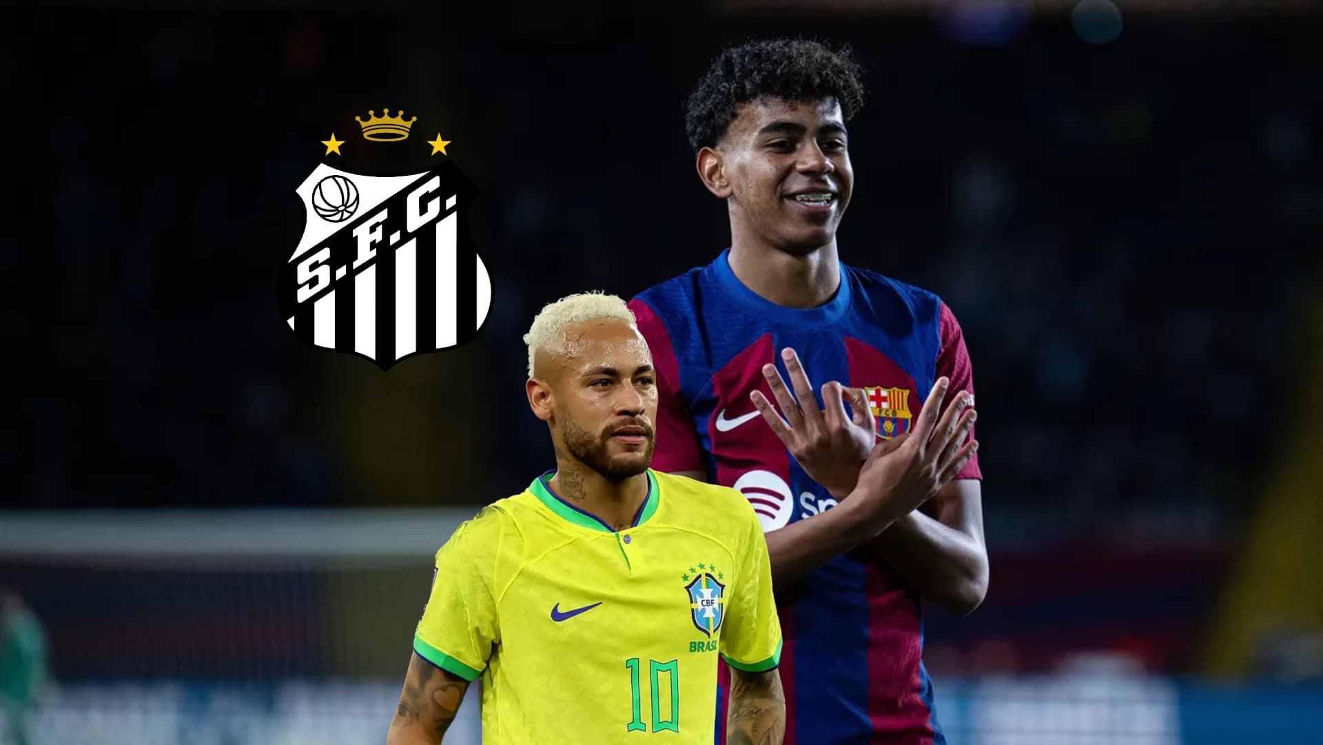 Lamine Yamal celebrates a goal for FC Barcelona while Neymar looks on with a Brazil jersey on and the Santos FC Badge is above him. (Source: FC Barcelona, Getty Images)