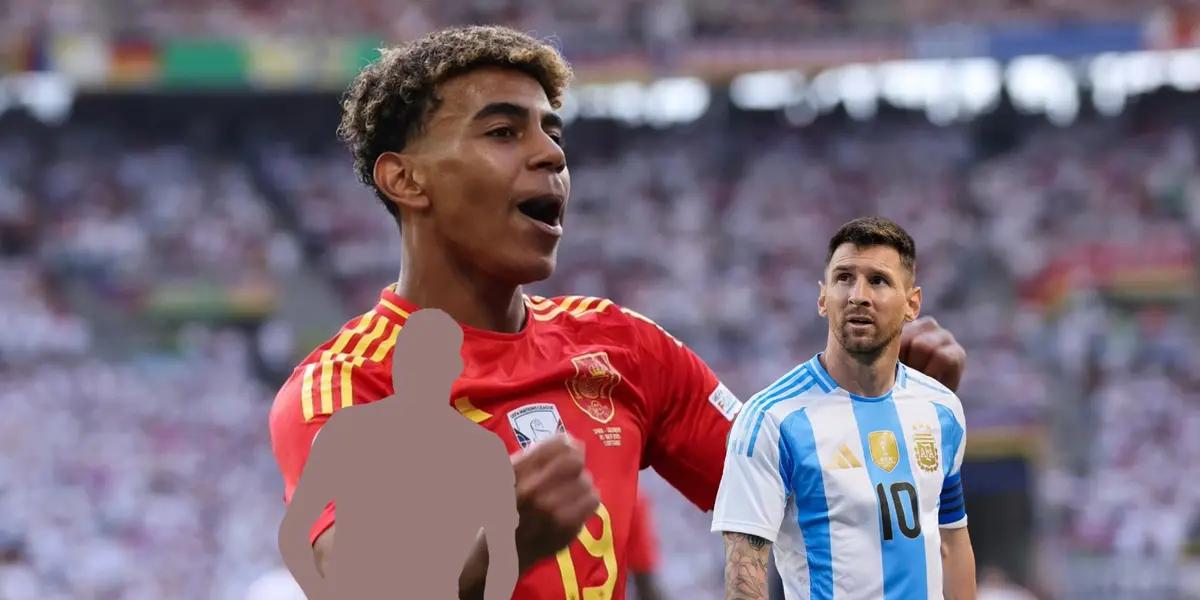 Lamine Yamal celebrates a goal for Spain while Lionel Messi looks up with an Argentina jersey and a mystery player is next to him. (Source: Barca Universal X)