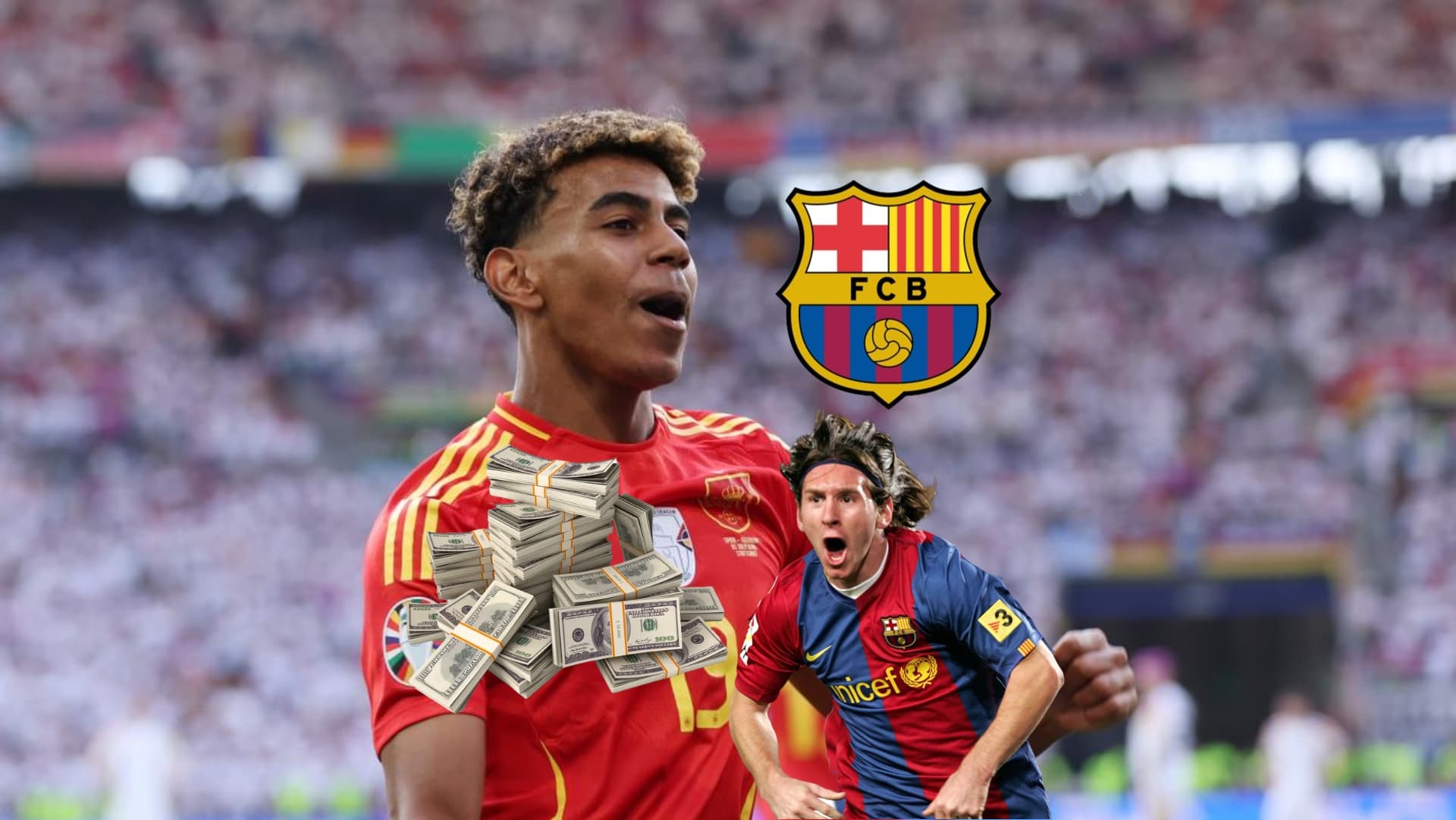 Lamine Yamal celebrates with Spain at the EUROS while the FC Barcelona logo is next to him and below is a stack of $100 bills and a young Lionel Messi. (Source: Getty Images)