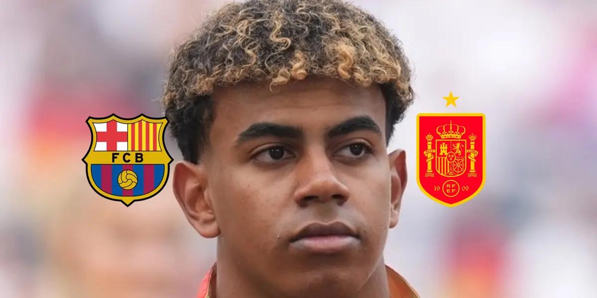 Lamine Yamal looks to the side as the FC Barcelona badge and the Spanish national team logo are next to him. (Source: Barca Universal X)