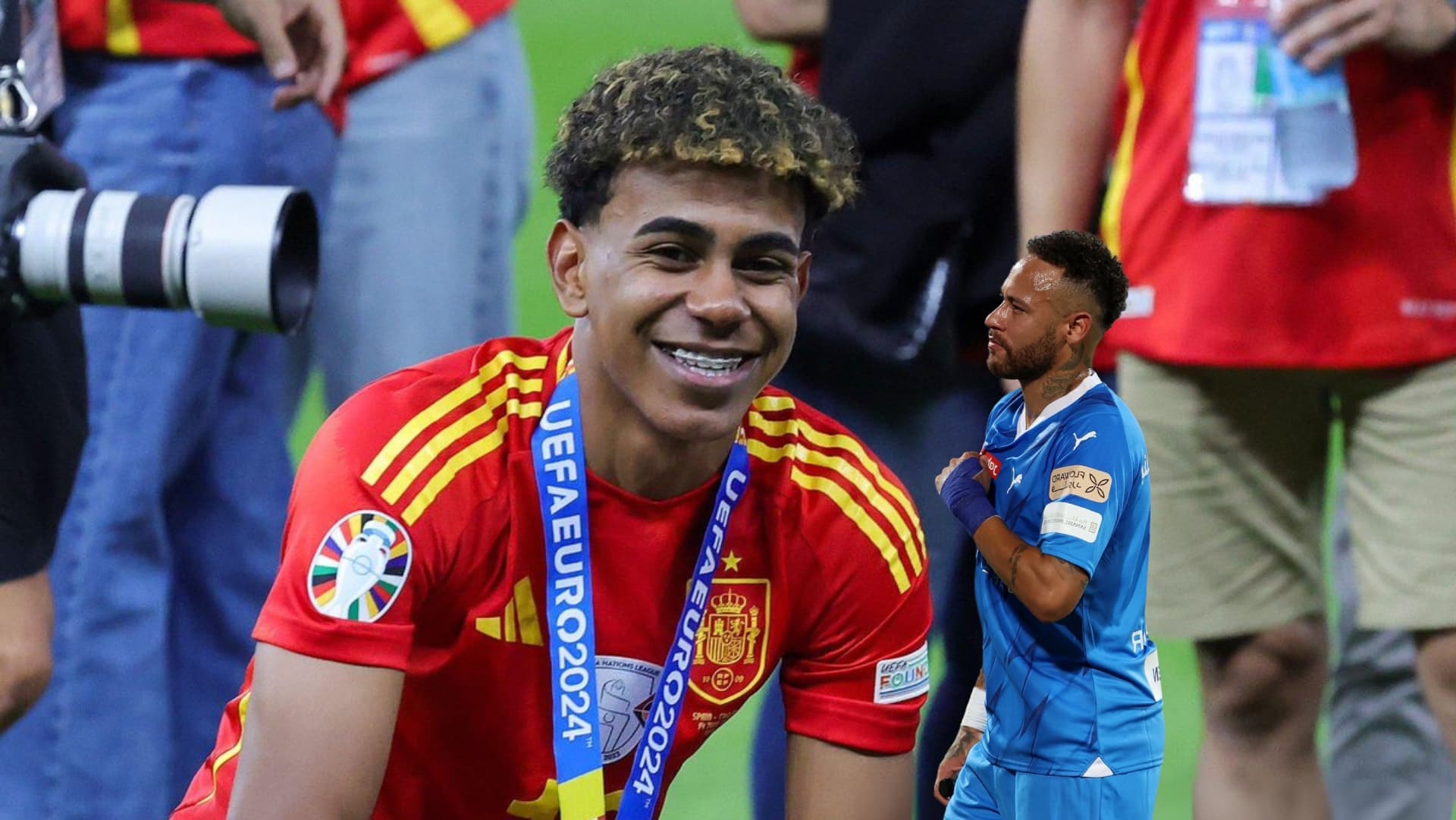Lamine Yamal smiles after winning the EUROS with Spain while Neymar celebrates a goal with Al Hilal. (Source: Barca Universal X, Team Neymar X)