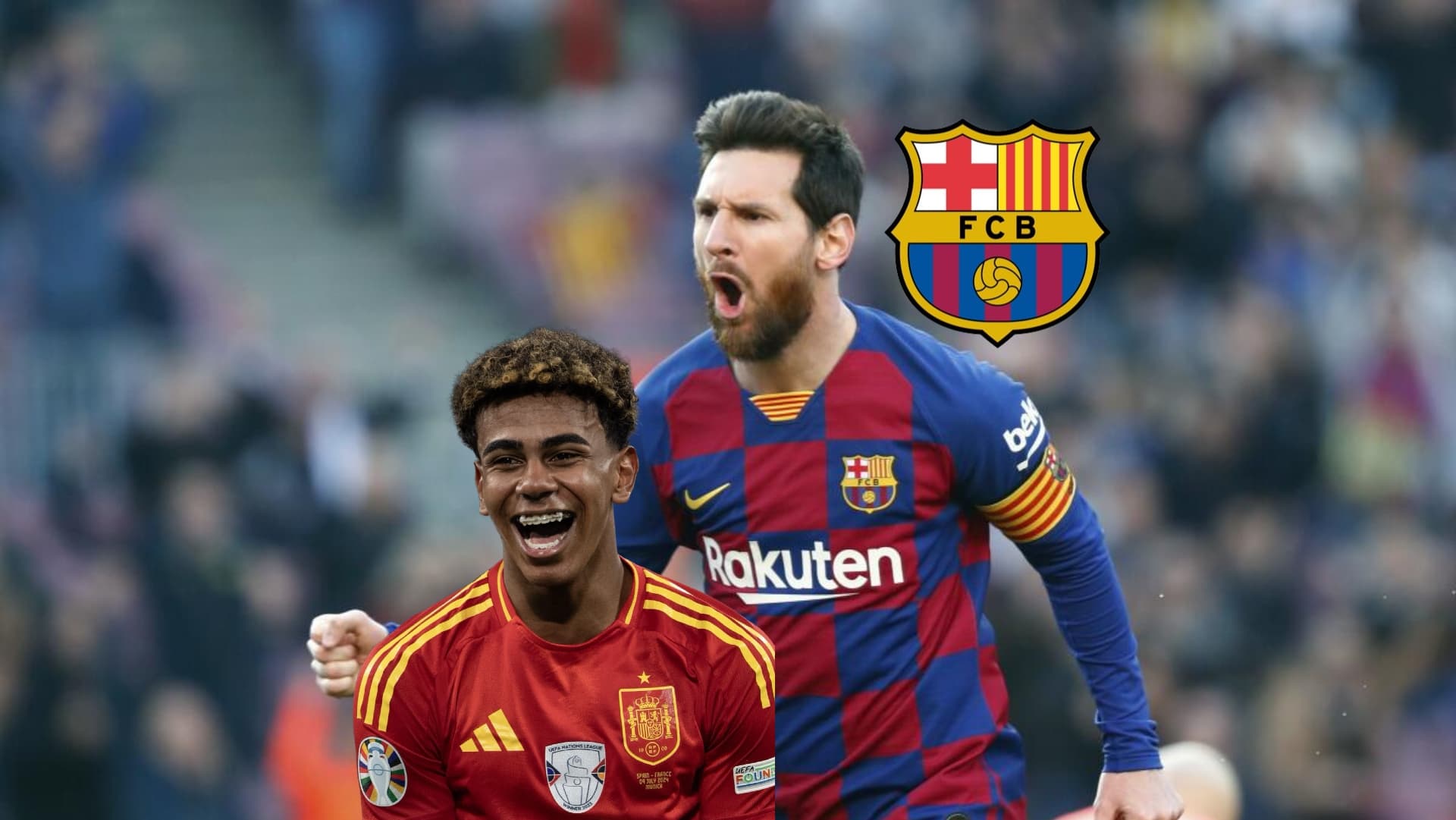 Lamine Yamal smiles with a Spain jersey while Lionel Messi celebrates a goal for FC Barcelona and the club badge is next to him. (Source: FC Barcelona)